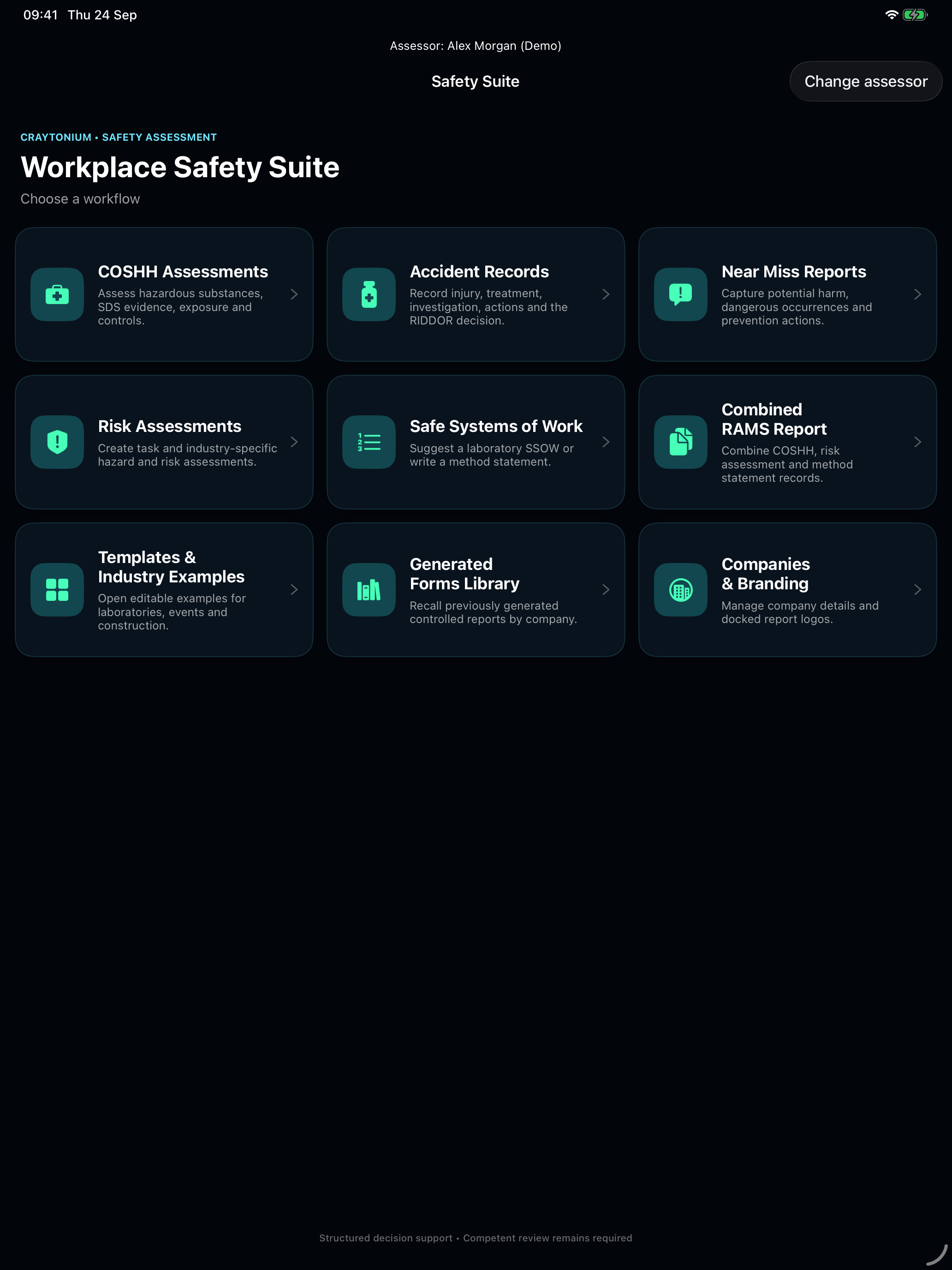 Safety Suite menu showing assessment, incident record and safe working document tools with a demo assessor